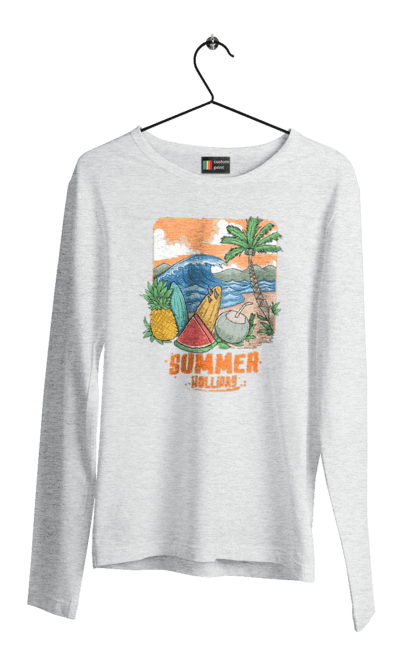 Мужской лонгслив с принтом Летние Праздники. Ананас, волны, лето, море, пальма. 2070702