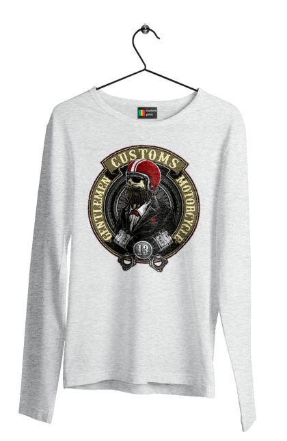 Чоловічий лонгслів з принтом "джентльменський мотоцикл". Джентельмен, джентльмен, мотоцикл, череп, шолом. 2070702