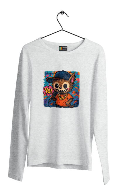 Чоловічий лонгслів з принтом "Лабубу". Бейсболка, вуличне мистецтво, графіті, золотийланцюг, лабубу, мікрофон, міський стиль, репатмосфера, хіпхоп, яскраво. 2070702