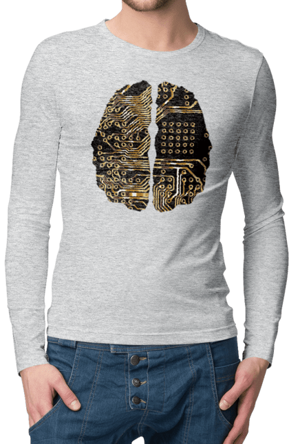 Чоловічий лонгслів з принтом "Мозок Айті". Айті, айтішник, гик, знання, золотий, золото, інженер, кібер, кібернетика, кіборг, код, комп, кристал, мікросхема, мозок, програміст, професіонал, професія, розробник, розум, чіп. 2070702