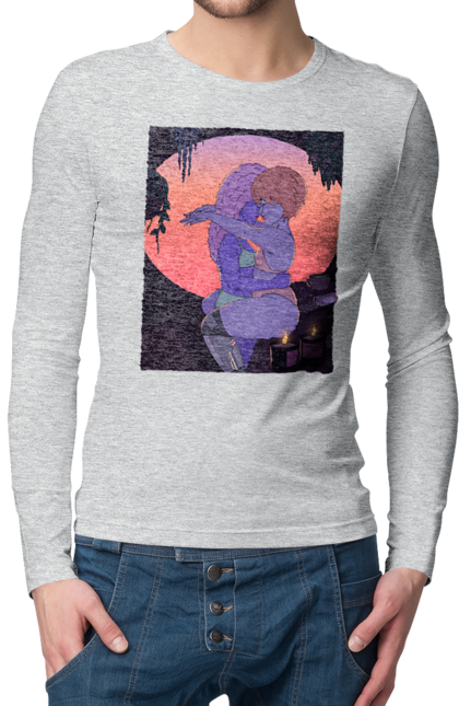 Men`s longsleeve with prints Purple Girls Hugging. Hug, sunset. 2070702