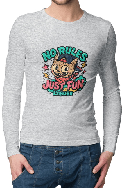 Чоловічий лонгслів з принтом "Лабубу". Norulesjustfun, y2k, бандана, вуличний стиль, грайливий, графіті, зухвалий, лабубу, ретромультяшка, яскраво. 2070702