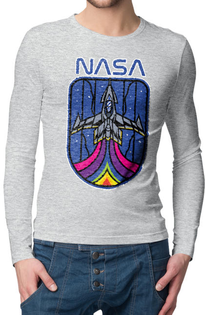 Men's longsleeve with prints NASA. Aeronautics, astronautics, aviation, nasa, research, rocket, science, space, technologies, usa. 2070702