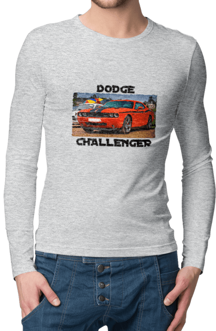 Чоловічий лонгслів з принтом "Додж челенджер". Авто, автомобіль, американська легенда, додж челенджер, класичне авто, культовий автомобіль, масл кар, потужний автомобіль. 2070702
