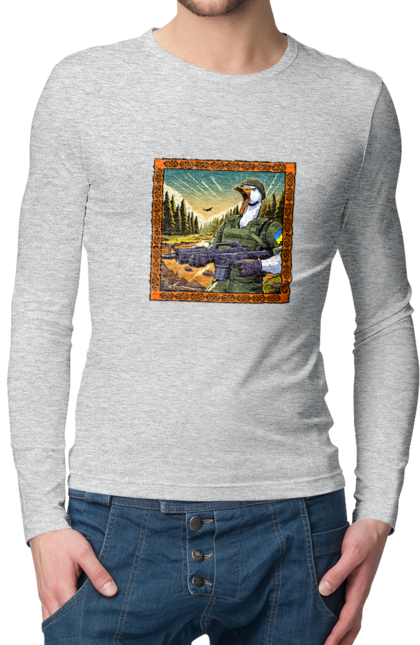 Men`s longsleeve with prints Goose landing. Armed forces, biological weapons, fighting geese, flag, goose landing, military goose, symbolics, ukraine. 2070702