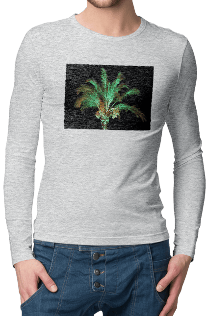 Чоловічий лонгслів з принтом "Фінікова Пальма Вночі". Берег, відпочинок, відпустка, зелений, море, ніч, оазис, океан, острів, пальма, південь, подорож, пригоди, тропіки, фінікова, чорне. 2070702