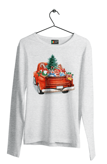 Чоловічий лонгслів з принтом "Авто з подарунками". Автомобіль, новий рік, подарунки, різдво, санта, ялинка. 2070702