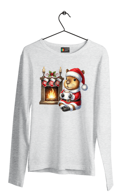 Men's longsleeve with prints Capybara by the fireplace with hot chocolate. Animal, capybara, christmas, christmas capybara, fireplace, gift, holiday, hot chocolate, new year, santa. 2070702