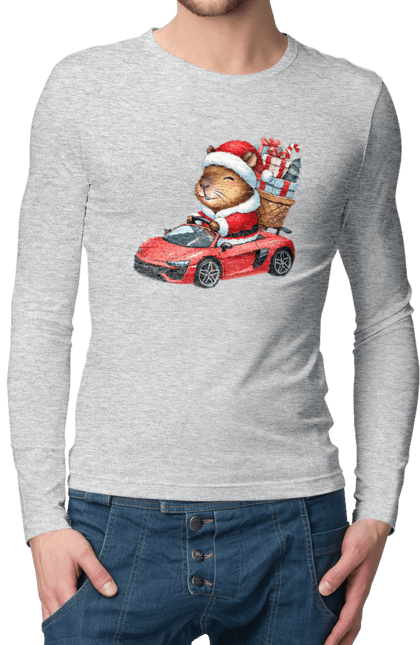 Men's longsleeve with prints Christmas Capybara with a Gift. Animal, capybara, car, christmas, christmas capybara, gift, holiday, new year, new year`s gift, santa. 2070702