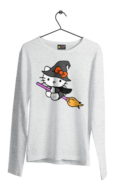 Чоловічій лонгслів з принтом "Хелло Кітті Хелловін". Halloween, hello kitty, witch, бренд, відьма, кіт, кошеня, персонаж, хелло кітті, хелловін. 2070702