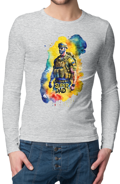 Чоловічий лонгслів з принтом "Супер тато ЗСУ". День батька, день тата, зсу, люблю тата, супер, супер тато, супер тато зсу, тато, тато зсу, україна. 2070702
