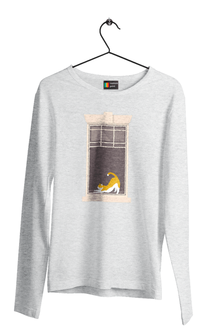 Чоловічий лонгслів з принтом "Кіт В Вікні". Вікно, кіт, потягушки, рудий. 2070702