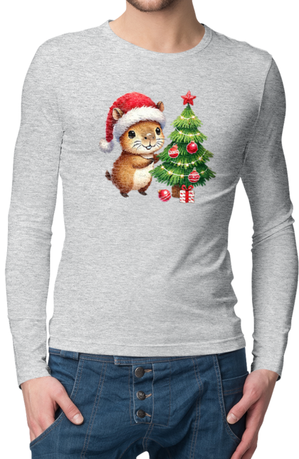 Men's longsleeve with prints Christmas Capybara with a Tree. Animal, capybara, christmas, christmas capybara, christmas tree, gift, holiday, new year, new year`s gift, santa. 2070702