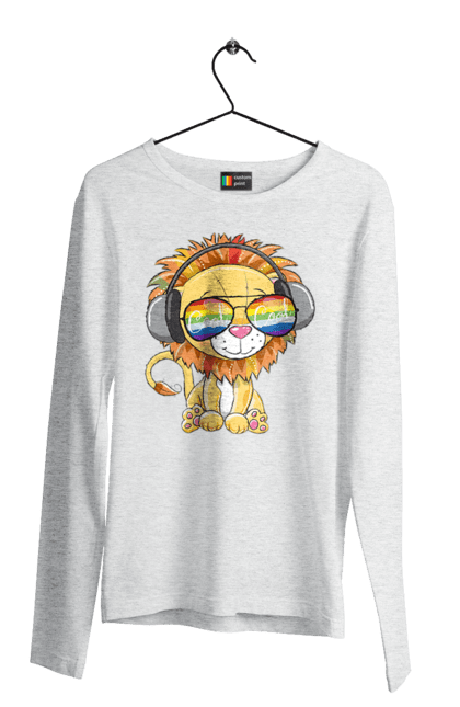 Men`s longsleeve with prints Lion In Glasses And Headphones. Glasses, headphones, lion cub. 2070702
