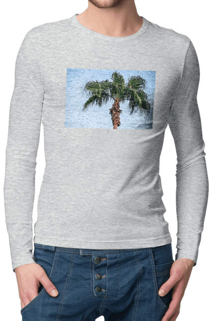 Чоловічий лонгслів з принтом "Пальма на тлі неба". Берег, блакитне, відпочинок, відпустку, єгипет, зелений, зелені, лист, листя, море, небо, оазис, океан, острів, пальма, південь, подорож, пригоди, тропіки, туреччина. 2070702