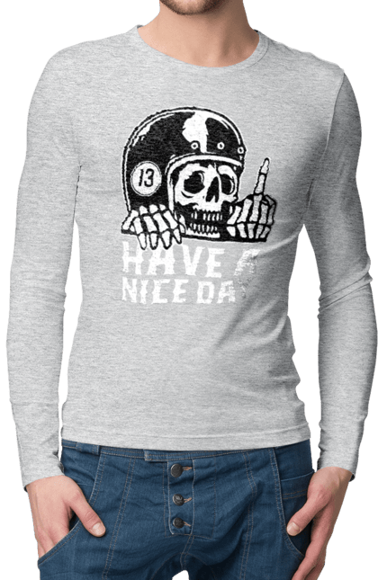 Чоловічий лонгслів з принтом "Гарного дня". Байкерська, гарного дня, з черепом, тринадцять, фак, череп. 2070702