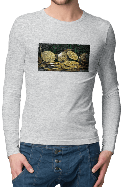 Чоловічий лонгслів з принтом "Біткойн". Багатство, біткойн, валюта, гроші, криптовалюта, курс, майнінг, матриця, монета, розкіш, цифровий світ. 2070702