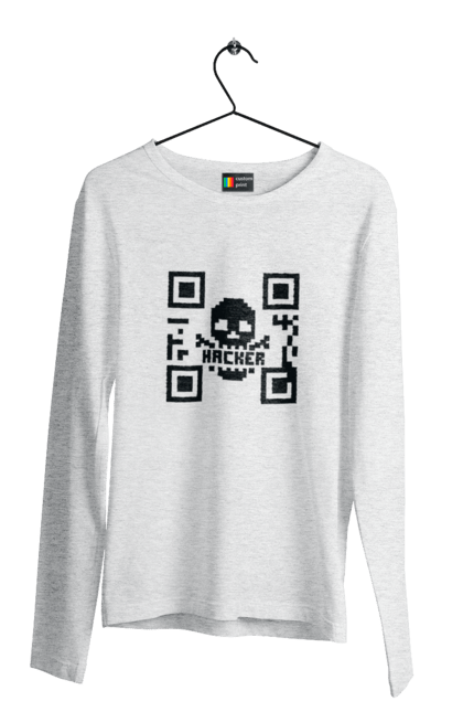 Чоловічий лонгслів з принтом "Хакер hacker". Geek, hacker, ios, qr code, qr код, ай ті, айтішник, геймер, гік, іт, мем, позитив, пранк, програміст, розробник, хакер. 2070702