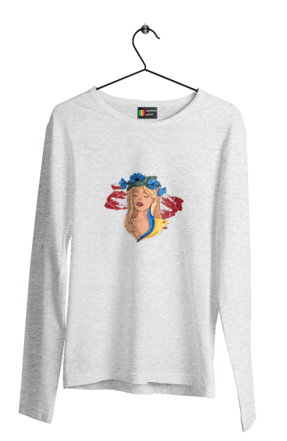 Мужской лонгслив с принтом Девушка на карте Украины. Blue, flag, flowers, girl, girl on the map, map of ukraine, red, yellow, украина. 2070702