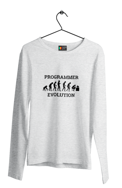 Чоловічий лонгслів з принтом "Еволюція програміста". Angular, c, css, html, it, javascript, jquery, php, python, react, svelt, vue, айтишник, айті, гумор, код, кодувати, прогер, програміст, програмісти, ти ж, ти ж програміст, тиж програміст. 2070702