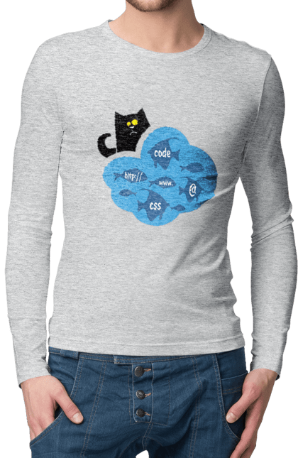 Чоловічий лонгслів з принтом "Кіт програміст". Angular, c, css, html, it, javascript, jquery, php, python, react, svelt, vue, айтишник, айті, гумор, код, кодувати, прогер, програміст, програмісти, ти ж, ти ж програміст, тиж програміст. 2070702