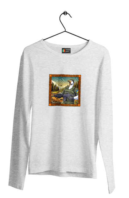 Men`s longsleeve with prints Goose landing. Armed forces, biological weapons, fighting geese, flag, goose landing, military goose, symbolics, ukraine. 2070702