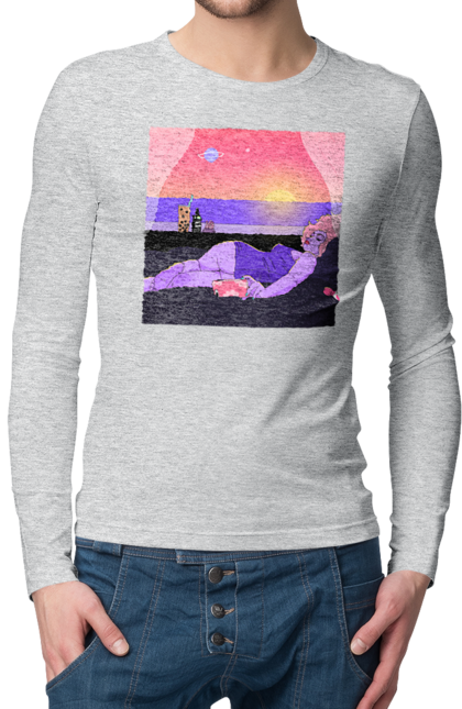 Men`s longsleeve with prints Purple Girl On Vacation. Girl, sunset, telephone. 2070702