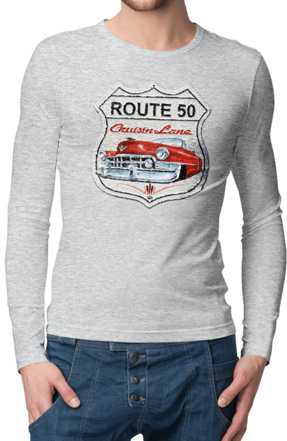 Мужской лонгслив с принтом Route 50. Байк, байкер, байкер клуб, брат, братела, брутал, горячий асфальт, горячий конь, горячий стержень, дорога 50, дорога 66, дорога 80, дороги америки, дороги украины, жажда скорости, клуб байкеров, мотоцикл, мотоциклист, настоящий мужик, скорость, чувак. 2070702