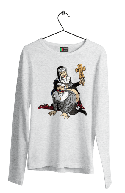 Чоловічий лонгслів з принтом "Монашки БДСМ". Бдсм, крута, модна, молодіжна, плескає по дупі, рок, рольові ігри, черниці бдсм, черницю, черниця. 2070702