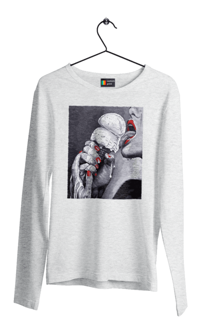 Чоловічий лонгслів з принтом "Смак ескімо". Апетитне ескімо, вона лиже, дівчина та морозиво, лиже мовою, смак ескімо, смак морозива, тече по губах, тече по руках. 2070702