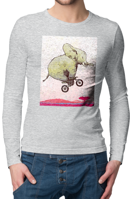 Чоловічий лонгслів з принтом "Слон На Мотоциклі". Мотоцикл, політ, слон. 2070702