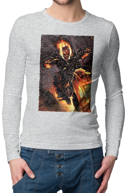 Чоловічий лонгслів з принтом "Пекельний Гонщик". Вогонь, мотоцикл, пекельний гонщик, скелет, чоппер. 2070702
