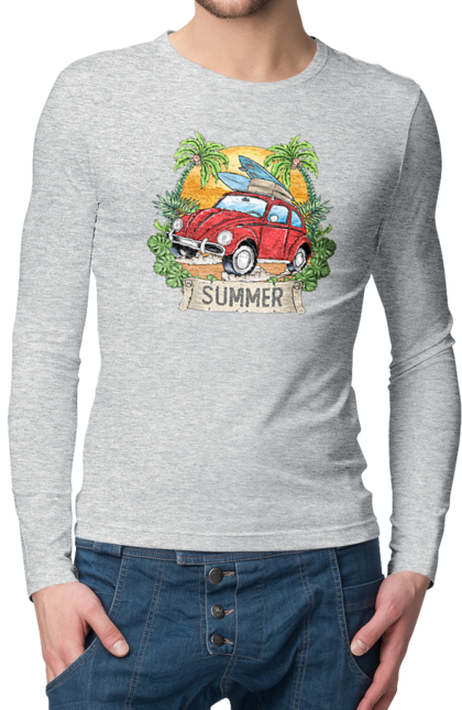Men`s longsleeve with prints Summer, Car And Palm Trees. Palm trees, relaxation, summer. 2070702