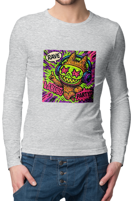 Чоловічий лонгслів з принтом "Лабубу". Вечірка, вуличне мистецтво, графіті, зоряніочі, коміксстиль, лабубу, навушники, неон, попарт, рейв. 2070702