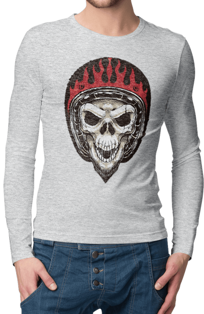Чоловічий лонгслів з принтом "Череп в мотошоломі". Мото, скелет, череп, шолом. 2070702