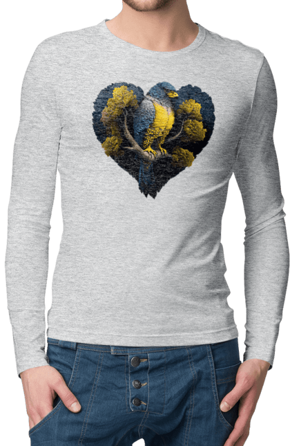 Men`s longsleeve with prints Blue and yellow falcon. Falcon, flag of ukraine, heart, symbol of ukraine, tree, ukraine. 2070702