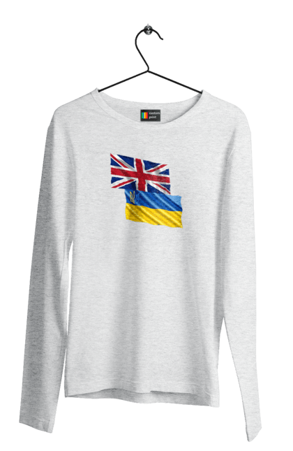 Men`s longsleeve with prints Flag United Kingdom, Flag Ukraine, Support Ukraine. Flag united, flag united kingdom, global peace, great britain, kiev, national colors, national team, peace for ukraine, proud grandpa, support ukraine, ukraine, ukraine flag, ukraine war, united kingdom, war, zelensky. 2070702