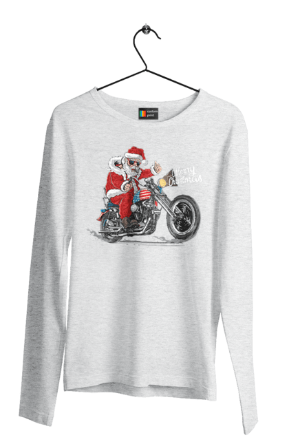 Чоловічий лонгслів з принтом "Санта в окулярах на мотоциклі". Байкер, дід мороз, зима, мотоцикл, новий рік, різдво, санта, санта клаус, сніг, щасливого різдва. 2070702