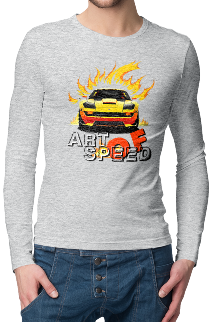Чоловічий лонгслів з принтом "Машина у вогні". Автомобіль, вогонь, спортивна машина, спортивний автомобіль, швидкість. 2070702