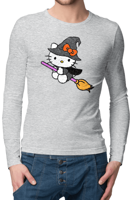 Чоловічій лонгслів з принтом "Хелло Кітті Хелловін". Halloween, hello kitty, witch, бренд, відьма, кіт, кошеня, персонаж, хелло кітті, хелловін. 2070702