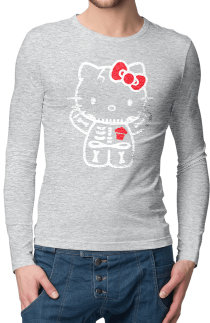 Чоловічій лонгслів з принтом "Хелло Кітті Хелловін". Halloween, hello kitty, zombie, бренд, зомбі, кошеня, персонаж, скелет, хелло кітті, хелловін. 2070702