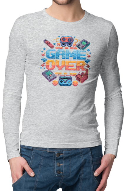 Мужской лонгслив с принтом Game Over. 90-е, видео игра, геймер, для геймеров, игра, пиксель, пиксель арт. 2070702