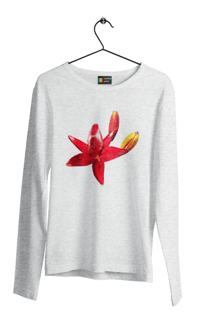 Men`s longsleeve with prints Red lily. Bright, bud, buds, color, flower, lily, nature, red, red flower, red lily, sunny. 2070702