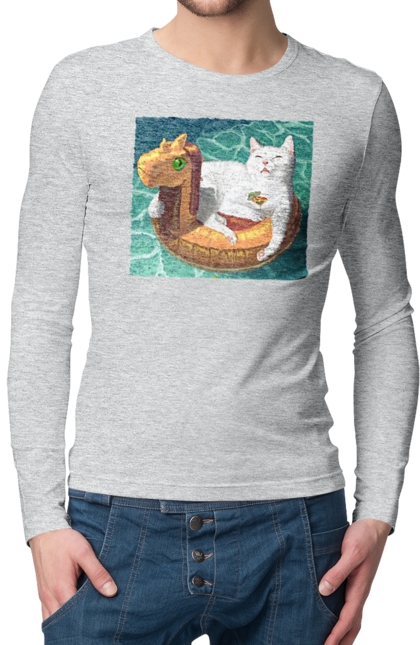 Чоловічий лонгслів з принтом "Білий кіт у плавальному колі, на відпочинку". Басейн, відпочинок, кіт, коктейль, море, плавальний круг. 2070702
