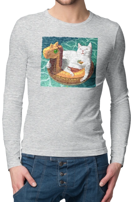 White cat in a swimming circle on vacation