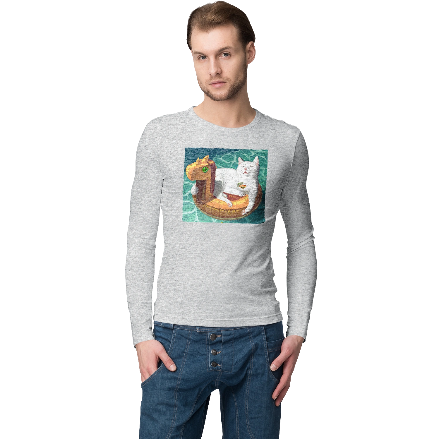 White cat in a swimming circle on vacation