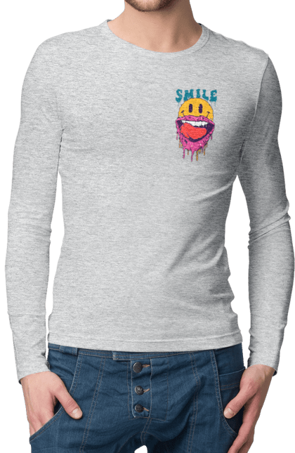 Чоловічий лонгслів з принтом "Літній смайл". Брутальний смайл, весела пика, жарко, комп`ютерна посмішка, людина з посмішкою, пика, посмішка, смайл, смайлик, усміхнена пика. 2070702
