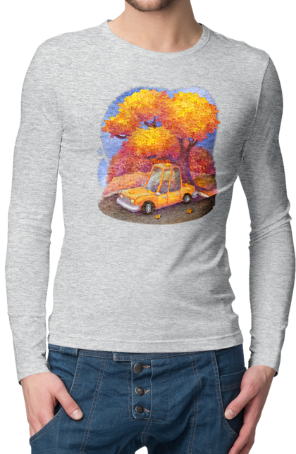 Чоловічий лонгслів з принтом "Осiнь Авто Дерево". Дерево, жовтий мила ілюстрація, машина, осінь, помаранчевий. 2070702
