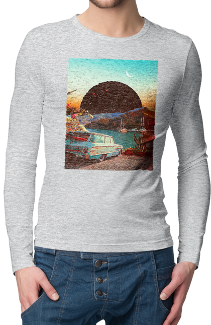 Чоловічий лонгслів з принтом "Картина, машина біля річки". Картина, машина, планета, прикол, ретро, річка. 2070702