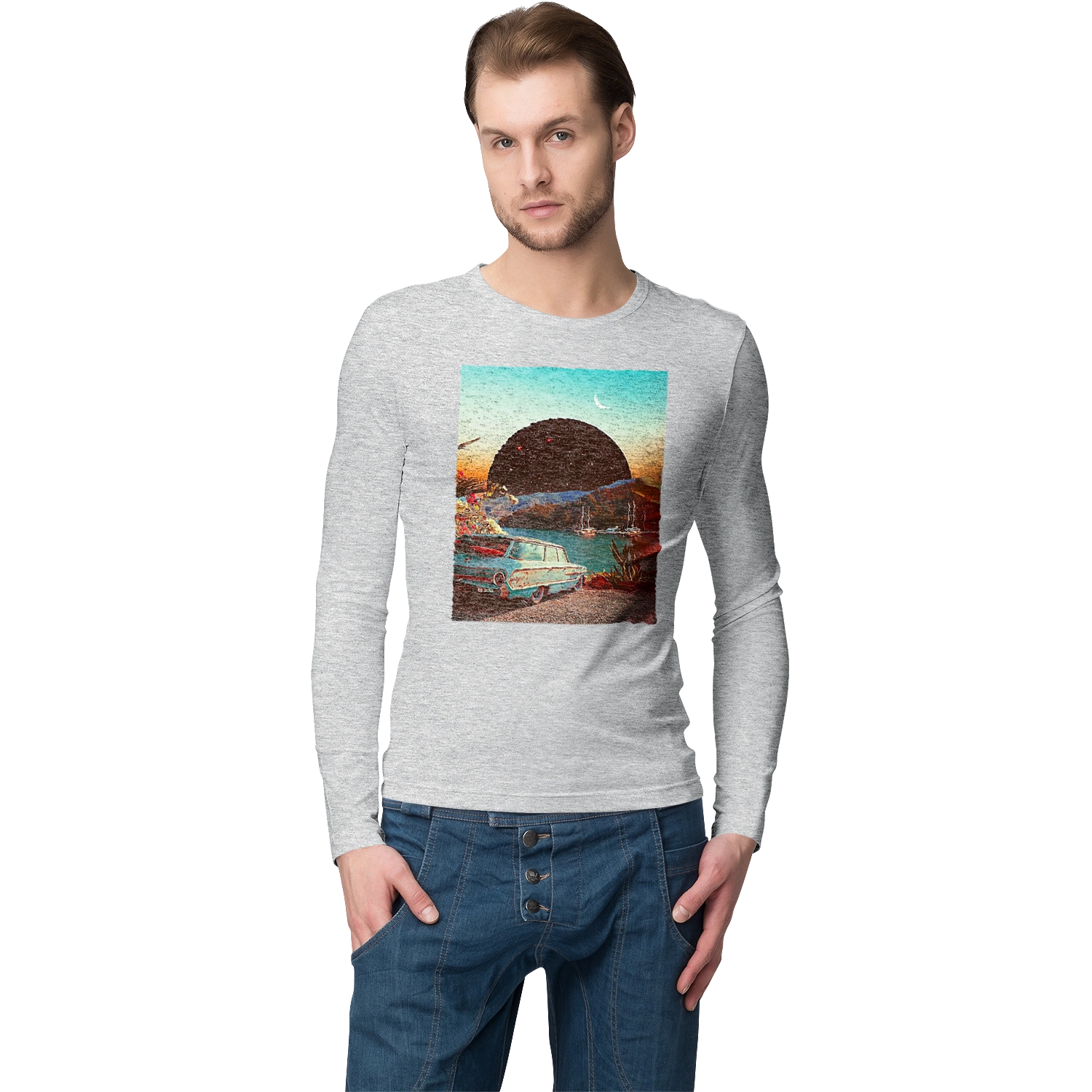 Painting, car by the river